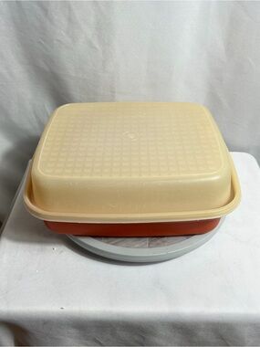 Vintage Tupperware Servalier Square Container Orange Red Sheer Lid Made USA